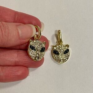 Two Gold Toned Bejeweled Leopard Cheetah Charm Pendants with green eyes